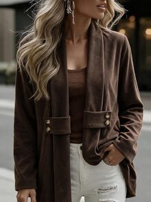 Louniche Women's Solid Color Casual Versatile Everyday Long Sleeve Jacket - Brown - View 4