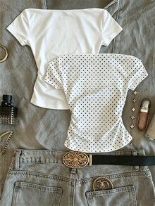 IslaSuriya 2件組女款夏季波點印花荷葉邊露肩T恤 - 白色 - 查看 2