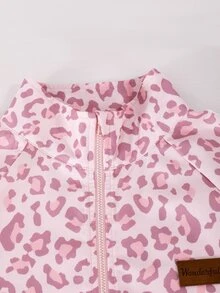 SHEIN 青少年女孩粉色豹紋拉鍊夾克 Y2K 街頭風長袖慢跑褲 秋冬運動套裝 - 粉色 - 查看 3
