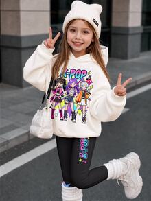 白色 Y2K 時尚韓系街頭風 賽博霓虹圖案印花 女童休閒舒適寬鬆保暖內裡連帽衛衣刷毛打底褲套裝，適合秋冬日常穿著、運動、外出、音樂節，復古韓系街頭風，甜酷女孩，隨性時尚，少女風 - 彩色 - 查看 1