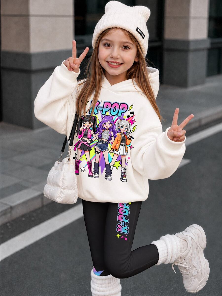 白色 Y2K 時尚韓系街頭風 賽博霓虹圖案印花 女童休閒舒適寬鬆保暖內裡連帽衛衣刷毛打底褲套裝,適合秋冬日常穿著、運動、外出、音樂節,復古韓系街頭風,甜酷女孩,隨性時尚,少女風 - 彩色 - 查看 1