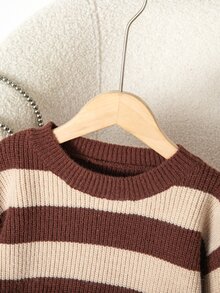 SHEIN Elladie kids 女童條紋圓領長袖休閒百搭針織衫 - 棕色 - 查看 3