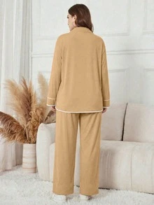 Modelyn 女款秋冬黑色立領半拉鍊字母貼布運動衫，寬鬆休閒百搭 2 件套 - 駝色 - 查看 2