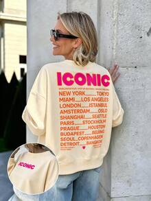 Lalippa 女款 ICONIC 世界巡演城市名稱印花圓領衛衣，正反面圖案、寬鬆落肩休閒秋季街頭風衛衣 - 杏色 - 查看 5
