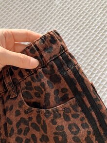 Slaydiva Plus Size Vintage Leopard Print Drawstring Wide Leg Long Pants With Black Side Webbing, Double Back Patch Pockets, High Waist, Street Style, Draped Floor-Length Casual Pants - Multicolor - View 5