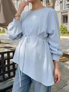 DAZY Solid Color Loose Long Sleeve Belted Elegant Vacation Spring/Autumn Cover-Up Maternity Top - Blue - View 4