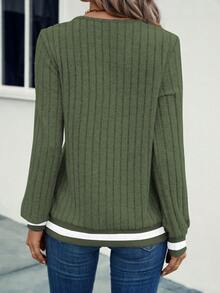 SHEIN LUNE 女款拼色V領長袖休閒百搭運動衫 - 軍綠色 - 查看 2