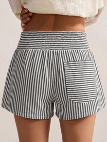 Bohemela Women's Striped Pocket Design Loose Casual Shorts - Black and White - View 4