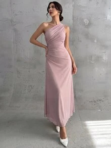Firerie 女款優雅正式辦公通勤休閒度假派對復古教師風網紗素色連身裙 - 藕粉色 - 查看 5