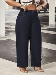 Slaydiva Celana Jeans Festival Plus Size Wanita Warna Biru Model Slim Fit Tanpa Peregangan dengan Potongan Kaki Pisang - Dark Wash - View 6