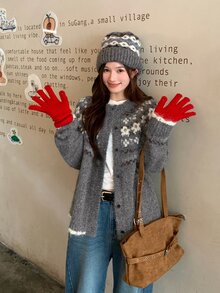 DAZY Women's Round Neck Floral Contrast Color Long Sleeve Autumn/Winter Casual Korean Style Cardigan - Grey - View 12