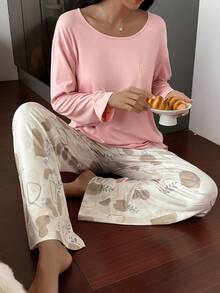 DAZY Women's Solid Color Long Sleeve Pocket Top And Pants Pajama Set - Pink - View 3