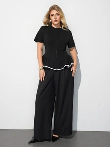 Maija Plus Size Women's Zipper Front Short Sleeve Ruffle Hem Top - Black and White - View 4