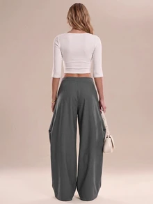 Avantive Women's Simple Pleated Tie Waist Loose Long Pants For Vacation & Travel - Grey - View 2