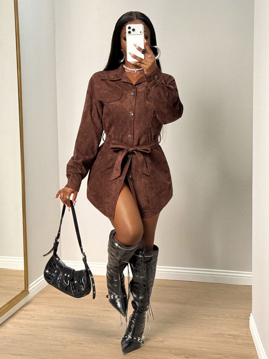 BamGleam Women's Solid Color Long Sleeve Single-Breasted Waist Tie Casual Jacket - Brown - View 1
