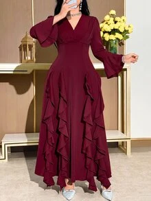 Feyla Plus Size Fashion Pleated Ruffle Trim Evening Dress - Burgundy - View 1