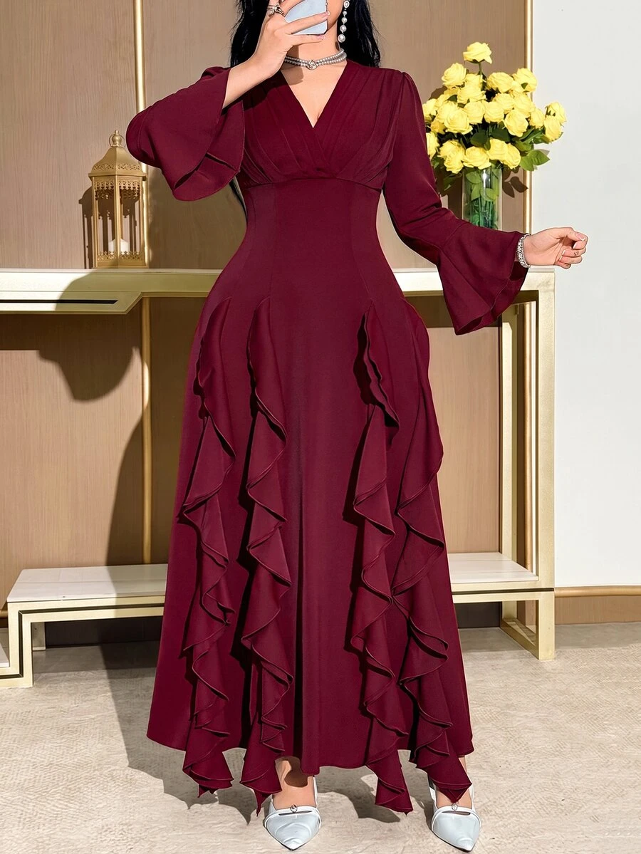 Feyla Plus Size Fashion Pleated Ruffle Trim Evening Dress - Burgundy - View 1