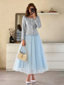 Modelyn Rhinestone Square Buckle Short Jacket Slimming Layered High Waist Chiffon Long Skirt Light Blue Gentle Style Women's 2 Pieces Set - Blue - View 3