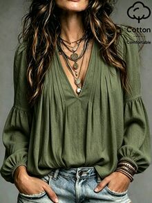 SHEIN Holidaya Cream White Washed Textured Fabric Deep V-Neck Double-Sided Multi-Pleated Shoulder Slight Petal Sleeve Patchwork Gathered Loose Lantern Mid-Sleeve A-Line Flared Blouse - Army Green - View 1