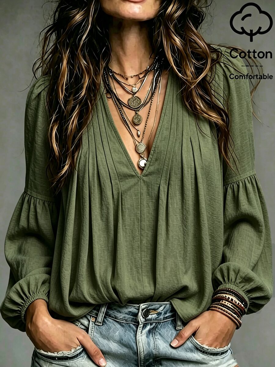 SHEIN Holidaya Cream White Washed Textured Fabric Deep V-Neck Double-Sided Multi-Pleated Shoulder Slight Petal Sleeve Patchwork Gathered Loose Lantern Mid-Sleeve A-Line Flared Blouse - Army Green - View 1