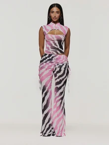 MUSERA Zebra Print Mesh Top Collar Detail And Foldover Trouser Panta Fall Winter Coolgirl Halloween Ultra M - Multicolor - View 2