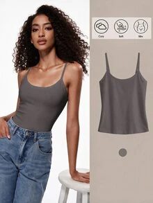 SHEIN BASICS 女款素色休閒日常穿搭細肩帶背心上衣 - 深灰色 - 查看 10