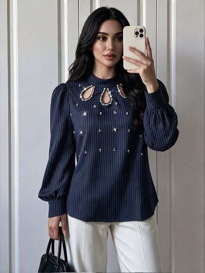 Modelyn Women's Loose Pearl Collar Blue Striped Long Sleeve Elegant Commute Romantic Blouse