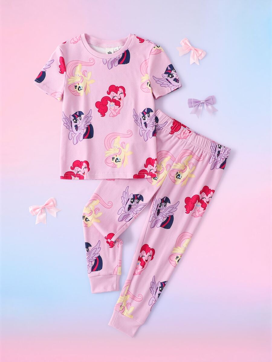 My Little Pony X SHEIN Young Girl Cartoon Print Short Sleeve Top And Leggings Loungewear Set - Pink - View 1