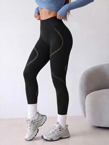 SHEIN Dewbera Women's Casual Distressed Slim Fit Athletic Leggings Yoga - Black - View 1