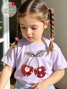 SHEIN (1 Pc) Baby Girls Casual Fresh Cute Minimalist Shiny Cherry Leaf Pattern Basic Purple Short T-Shirt Innerwear, Spring Summer Autumn Winter - Purple - View 6