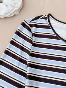 SHEIN 青少年女孩條紋休閒日常長袖T恤 - 棕色 - 查看 4