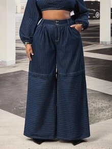 Slaydiva Plus Size Women's Non-Stretch Striped Wide Leg Loose Casual Versatile Denim Jeans - Dark Wash - View 6