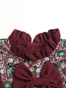 SHEIN 女童編織純色拼接花卉彼得潘領休閒洋裝 - 紅色 - 查看 4