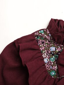 SHEIN 女童編織純色拼接花卉彼得潘領休閒洋裝 - 紅色 - 查看 7