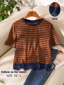 Story & Sage 女款休閒復古70年代居家度假寬鬆棕色條紋蕾絲飾邊拼接短袖T恤，春夏旅行穿搭 - 棕色 - 查看 1