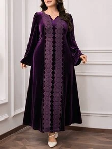 Al Najma Plus Size Women's Contrast Lace Long Sleeve Elegant Arabian Dress - Purple - View 4