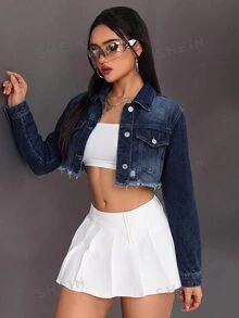 SHEIN ICON 女款毛邊下擺休閒牛仔短款水洗夾克 - 深色水洗藍 - 查看 4