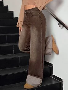 SHEIN Tall 冬季女款休閒水洗復古時尚翻邊設計寬腿牛仔褲 - 棕色 - 查看 4