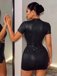 BamGleam Women's Solid Color PU Leather Hollow Cross Design Short Sleeve Sexy Dress Halloween Club Night Out Black Autumn Club Clothes Party Sexy Dress Concert - Black - View 4