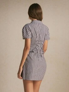 Poéselle Setelan Dua Potong Wanita: Kemeja Lengan Pendek Kancing Bunga Logam dan Rok Celana Kotak-kotak - Coffee Brown - View 6