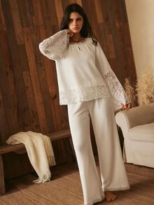 Lullawish Bohemian Round Neck Pullover Lace Flare Women's Pajama Set - White - View 3