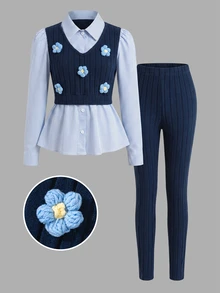 SHEIN Tween Girls Navy Blue 2 In 1 Striped Shirt With Navy Blue Leggings Set, 3D Floral Decoration, Preppy Style Two Pieces Outfit, Autumn - Multicolor - View 4