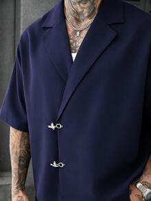 SLATEMANN 男士純色飛機扣門襟短袖襯衫 - 藏蓝色 - 查看 4