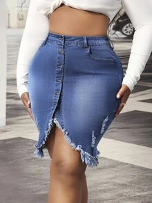 Slaydiva Plus Size Women's Distressed Raw Hem Button Front Blue Denim Stretch Mini Skirt - Medium Wash - View 5