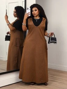 Slaydiva Plus Size Women's V-Neck Cargo Pocket Casual Denim Overall Dress - Blue - View 6