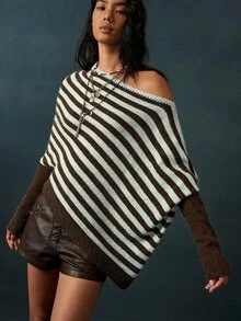 Bohemela Vintage Asymmetrical Colorblock Knit Pullover Sweater Shawl - Multicolor - View 4