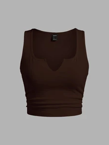 Slaydiva (Premium Fabric Version) - Summer Knit Fine Ribbed Multi-Function Sleeveless Cropped Solid Color Asymmetrical Neckline Tank Top - Rust Brown - View 6