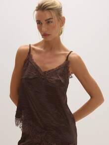 MUSEYN Women's French Lace Patchwork Asymmetrical Hem Camisole Top - Brown - View 5