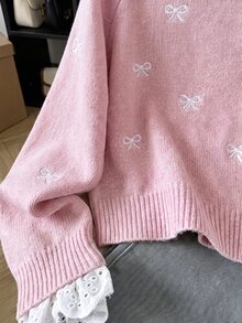 SHEIN كنزة صوفية كاجوال للبنات الصغيرات مع ياقة مزينة بالدانتيل ونقشة قلب لفصل الخريف/الشتاء - متعدد الألوان - مشاهدة 5