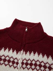 SHEIN Cardigan Rajut Berkerudung dengan Resleting Motif Rusa Natal Musim Gugur/Musim Dingin untuk Wanita, Gaya Geometris Vintage Lengan Panjang - Red and White - View 5
